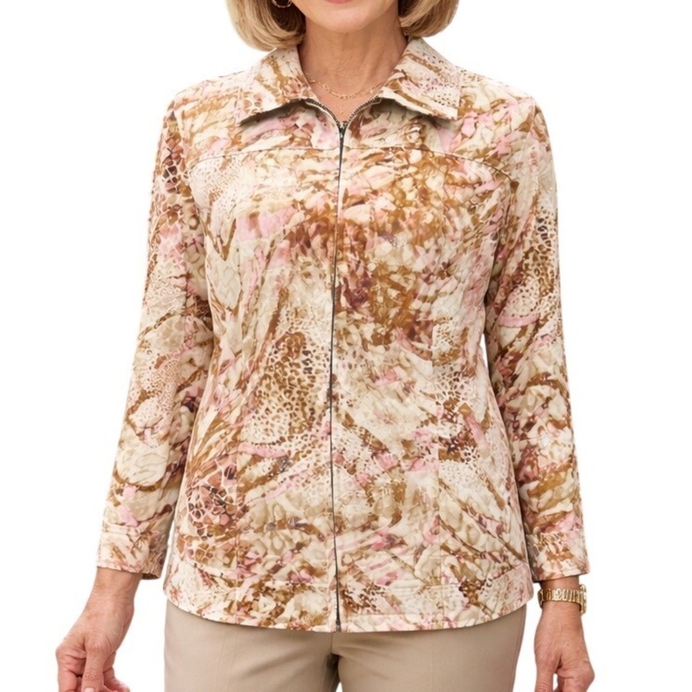 Additions by Chico's Cream, Pink‎ & Tan Animal Print Full Zip Jacket  Size M